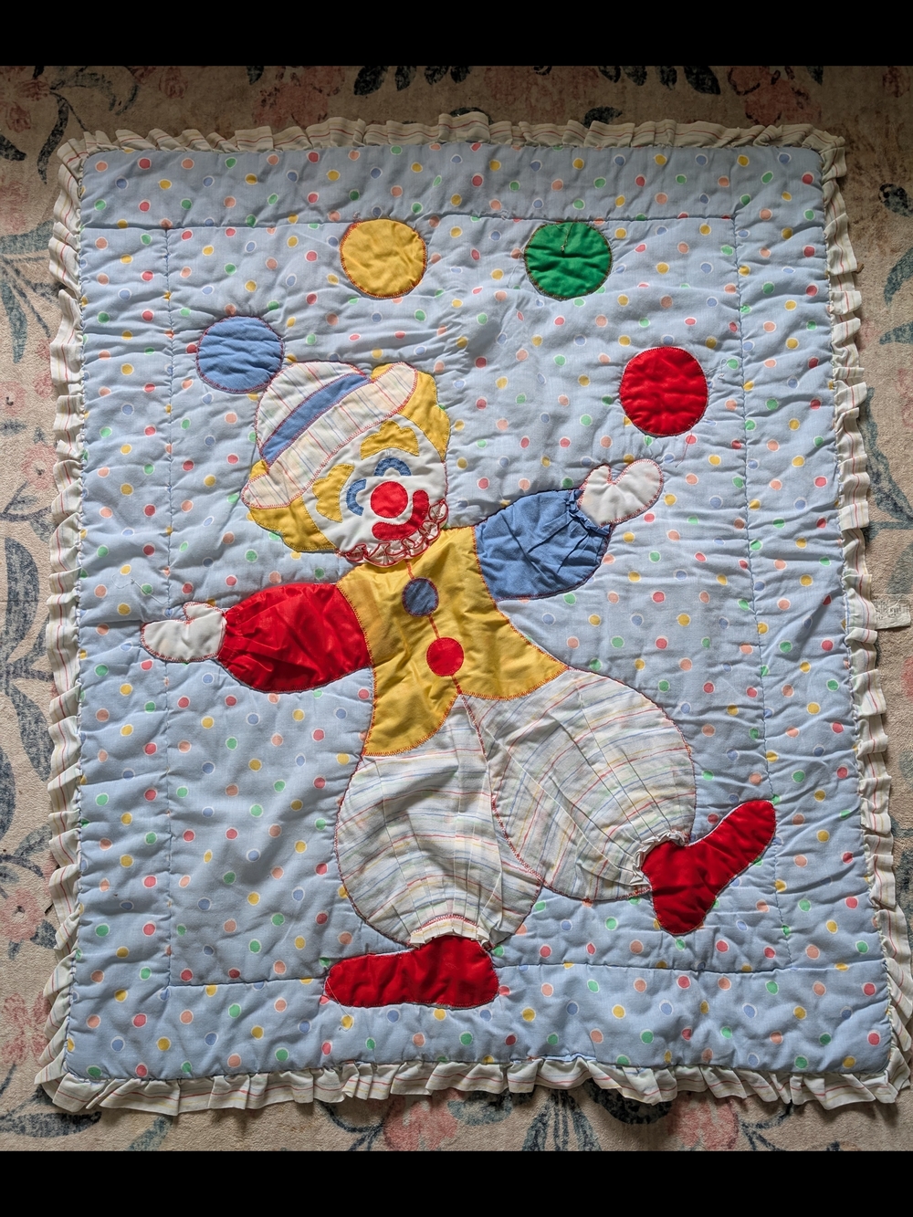 Vintage Handmade Clown Appliqué Baby Quilt in Light Blue, Red, Yellow, Green